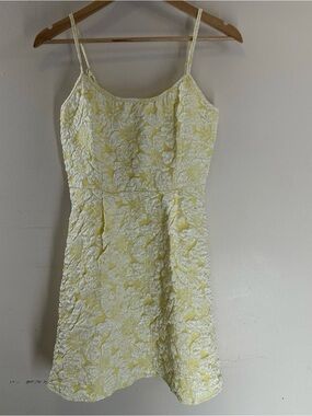 Floreya Yellow Floral Jacquard Mini Dress Spaghetti Strap Textured Size M